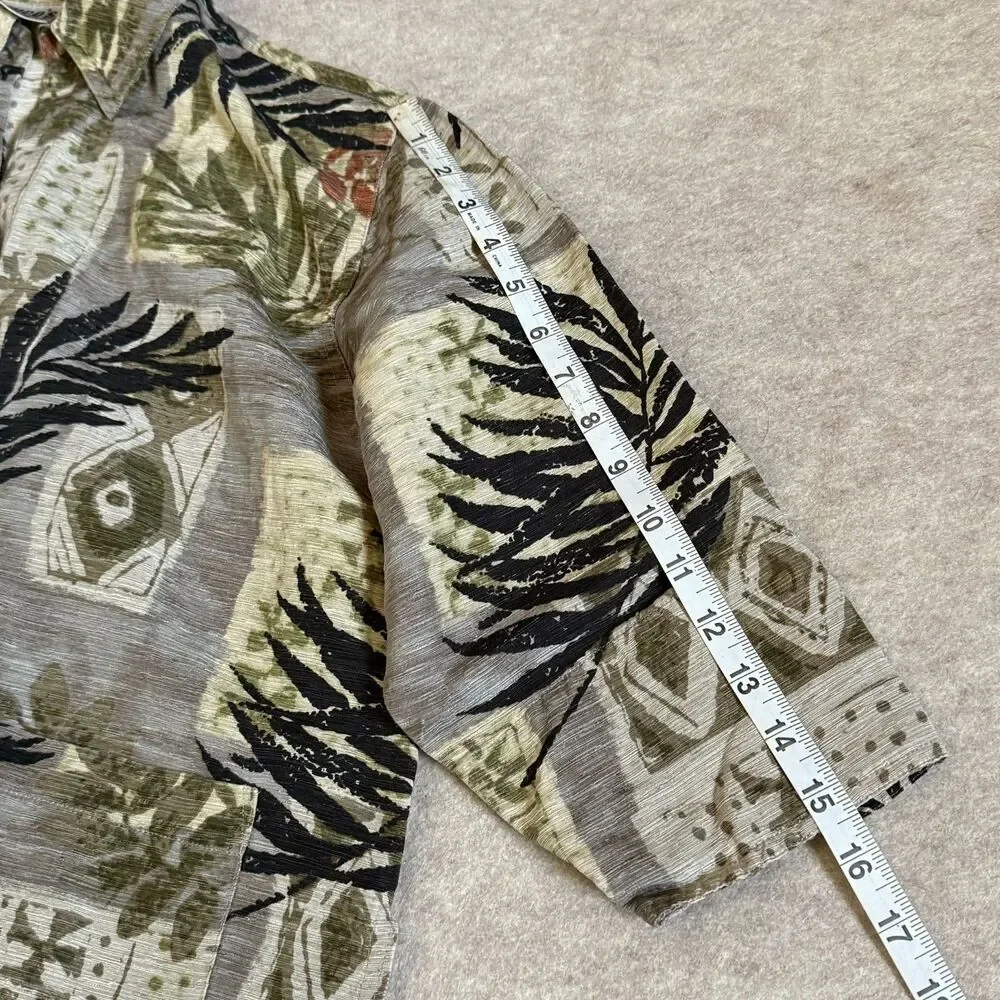 Vtg Chico's Design silk linen button down blouse size 1/M gray tropical leaf